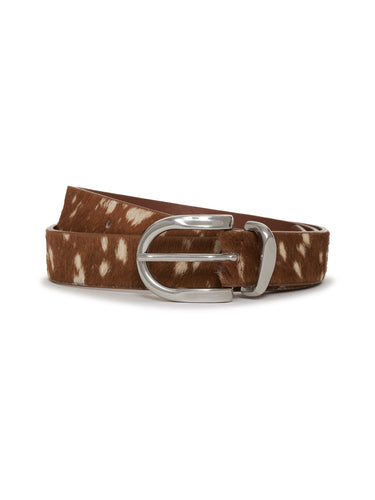 Brown leather belt with a silver buckle on a white background