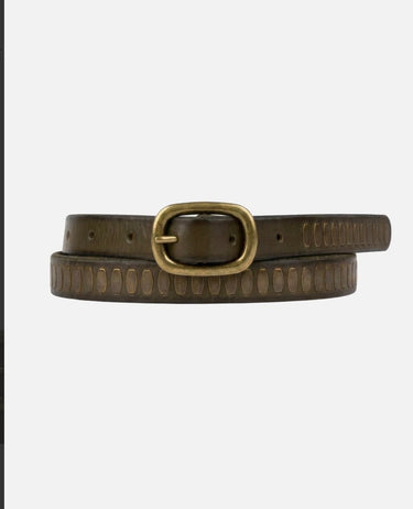 Olive leather belt with a gold buckle on a white background