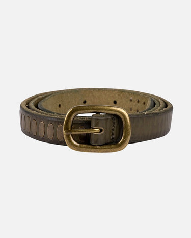 Olive leather belt with a brass buckle on a white background
