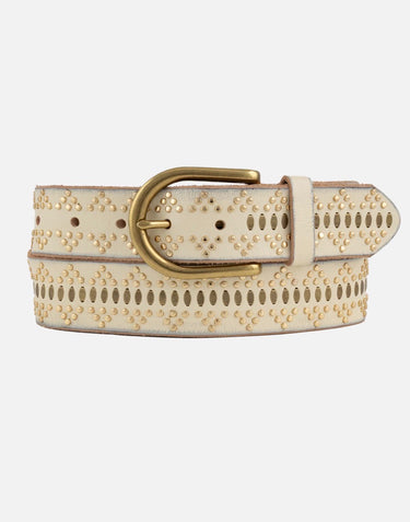 White belt with gold studs and a gold buckle on a white background