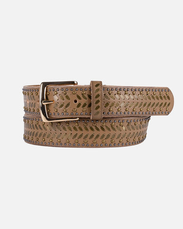 Brown leather belt with decorative studs on a white background