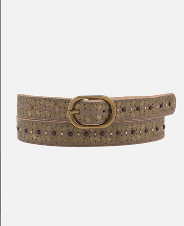 Brown belt with decorative studs and a gold buckle on a white background