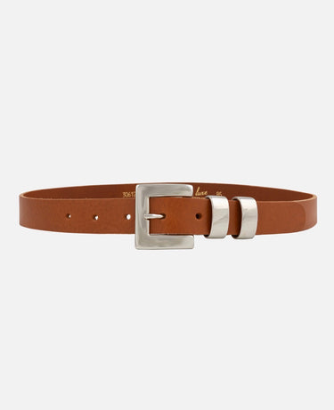 A slim brown leather belt with a polished silver-tone metal buckle, presented on a clean, light gray background.