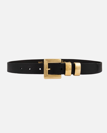 A black leather belt with a polished gold-tone buckle and matching gold-tone keeper loops, displayed horizontally on a light gray background.