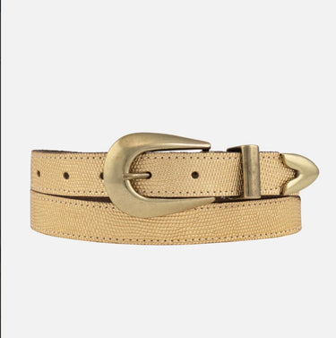 A beige woven belt with a large, curved antique gold buckle, shown coiled on a light gray background.