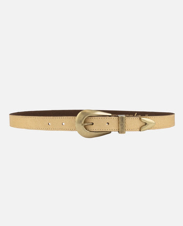 A slim tan leather belt with a gold-tone metal buckle and a matching gold-tone tip, displayed horizontally against a light gray background.