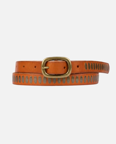Brown leather belt with a gold buckle on a white background