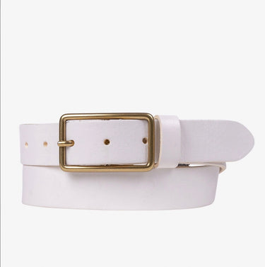 A white leather belt with a gold-tone metal buckle, neatly coiled on a light gray background.