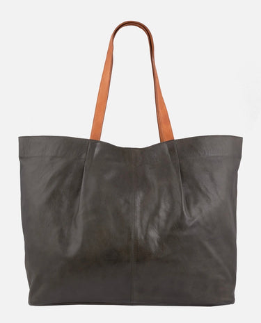 A large dark gray leather tote bag with contrasting brown shoulder straps, shown against a plain light gray background.
