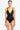 Black swimsuit with button details on a white background