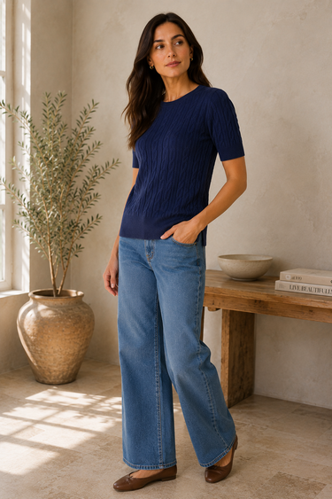 A woman modeling a navy blue short-sleeve ribbed knit top and wide-leg blue jeans, standing in a sunlit room with a potted plant and a wooden bench in the background.
