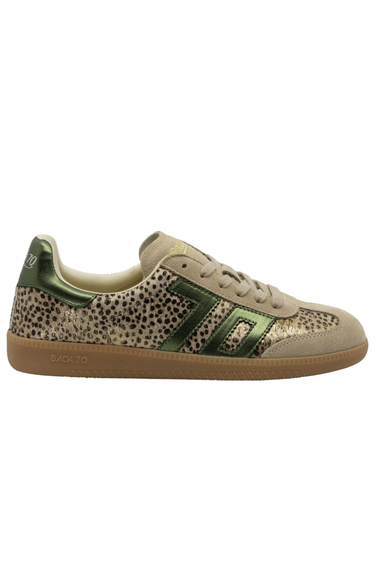 A low-top Adidas Samba sneaker featuring a beige and brown leopard print pattern, metallic olive green leather accents on the side stripes and heel, a beige suede toe cap, and a brown gum sole.