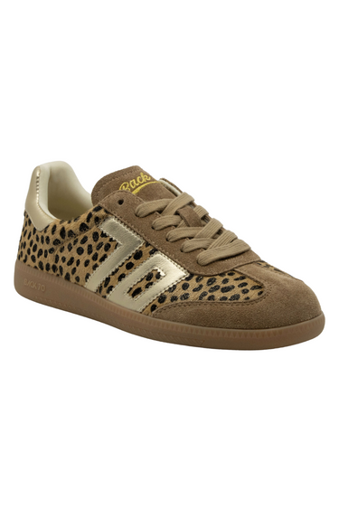 Back 70 leopard-print sneaker with taupe suede, metallic gold accents, tan laces, and gum sole.