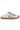 White and gold sneaker with brown sole on a white background