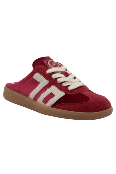 Back 70 red velvet slip-on sneaker with cream woven logo, white laces, and gum sole.