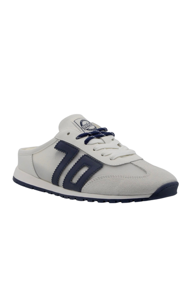 White sneaker with navy accents on a white background