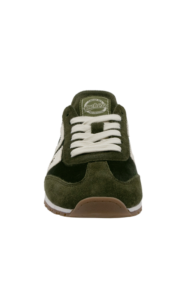 An olive green suede sneaker with white laces and a brown gum sole, shown from a front-facing angle on a white background.