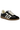 A low-top sneaker featuring a black suede upper with textured white side stripes, white laces, a cream collar lining, and a brown gum sole.