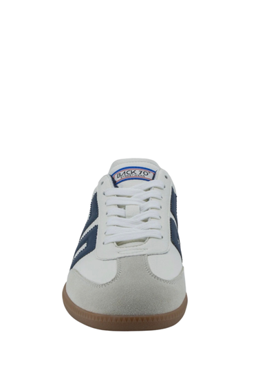 White and blue sneaker with 'Back to' branding on a white background