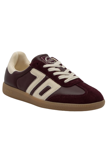 Back 70 Cloud W26 sneaker in deep wine leather and suede with cream 70 logo, cream laces, and vintage-inspired gum rubber sole.