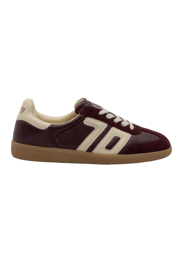 Back 70 Cloud W26 sneaker in deep wine leather and suede with cream 70 logo, cream laces, and vintage-inspired gum rubber sole.