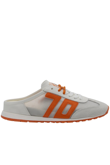 White shoe with orange accents on a white background