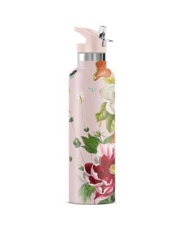 Floral-patterned water bottle on a white background