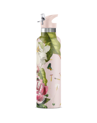 Floral-patterned water bottle with a pink cap on a white background
