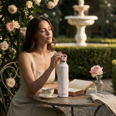 Woman sitting at a table with a floral-patterned water bottle and tea cup, surrounded by flowers and a fountain.