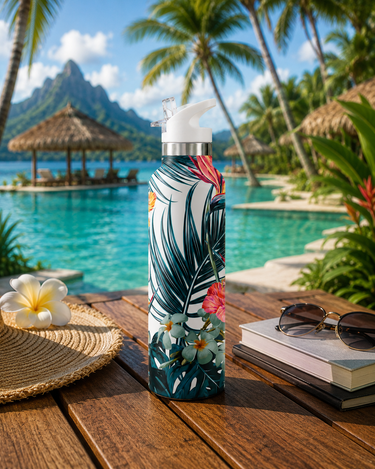 Tropical-themed water bottle on a wooden table with a scenic background