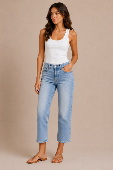 a woman wearing light wash cropped straight jeans on a neutral background