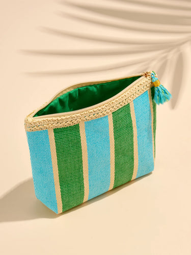 Striped pouch with green and blue stripes on a beige background