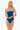 Woman wearing a blue strapless swimsuit on a white background