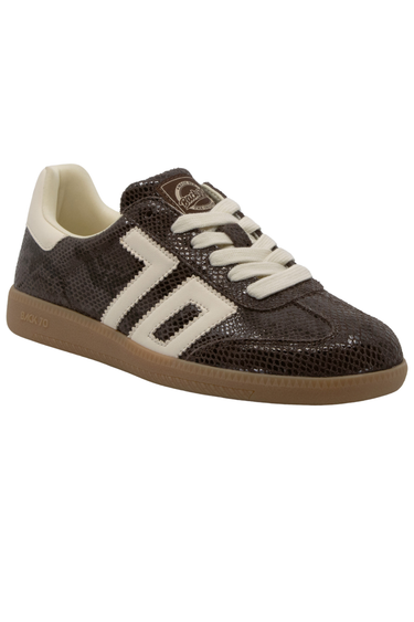 A low-top sneaker featuring a dark brown textured snakeskin pattern, off-white side stripes and laces, a cream collar lining, and a brown gum sole.