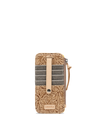 A tan leather zip-around wallet with embossed floral detailing, featuring a vertical strap closure with a snap button and a horizontal row of four dark gray card slots on the front.