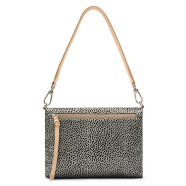 A shoulder bag with a gray and black leopard print pattern, featuring a light tan leather strap.