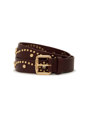 Brown leather belt with gold studs and buckle on a white background
