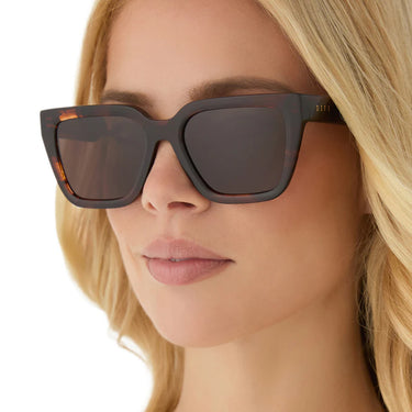 Close-up of a person wearing tortoiseshell sunglasses with a blurred background