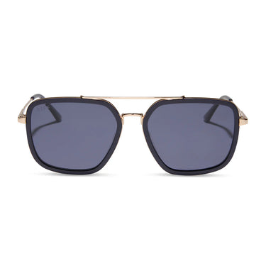 Sunglasses with black lenses and gold frame on a white background