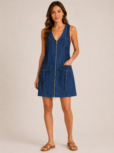 Woman wearing a blue denim dress with a zipper on a beige background