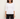 A woman modeling a white three-quarter sleeve crewneck top with black pants, standing against a plain off-white background.