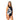 Woman wearing a black swimsuit with a white floral design on a white background