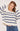 A woman wearing a cream and navy stripe oversized sweater and blue jeans on a white background