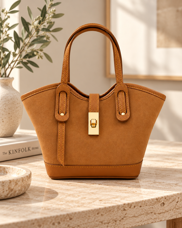 Camel suede handbag with gold hardware shown from a front angle on a neutral travertine table.