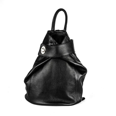 A black leather foldable backpack with silver hardware on a white background