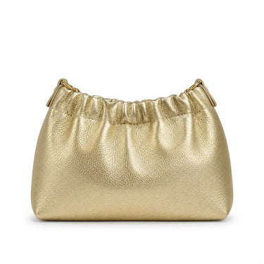a gold leather clutch on a white background