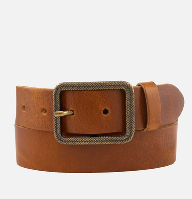 Brown leather belt with a gold buckle on a white background