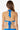 Blue bikini top with a tie-back design on a white background