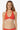 Woman wearing a red bikini top with a white background
