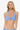 A woman wearing a textured halter swim top on a white background